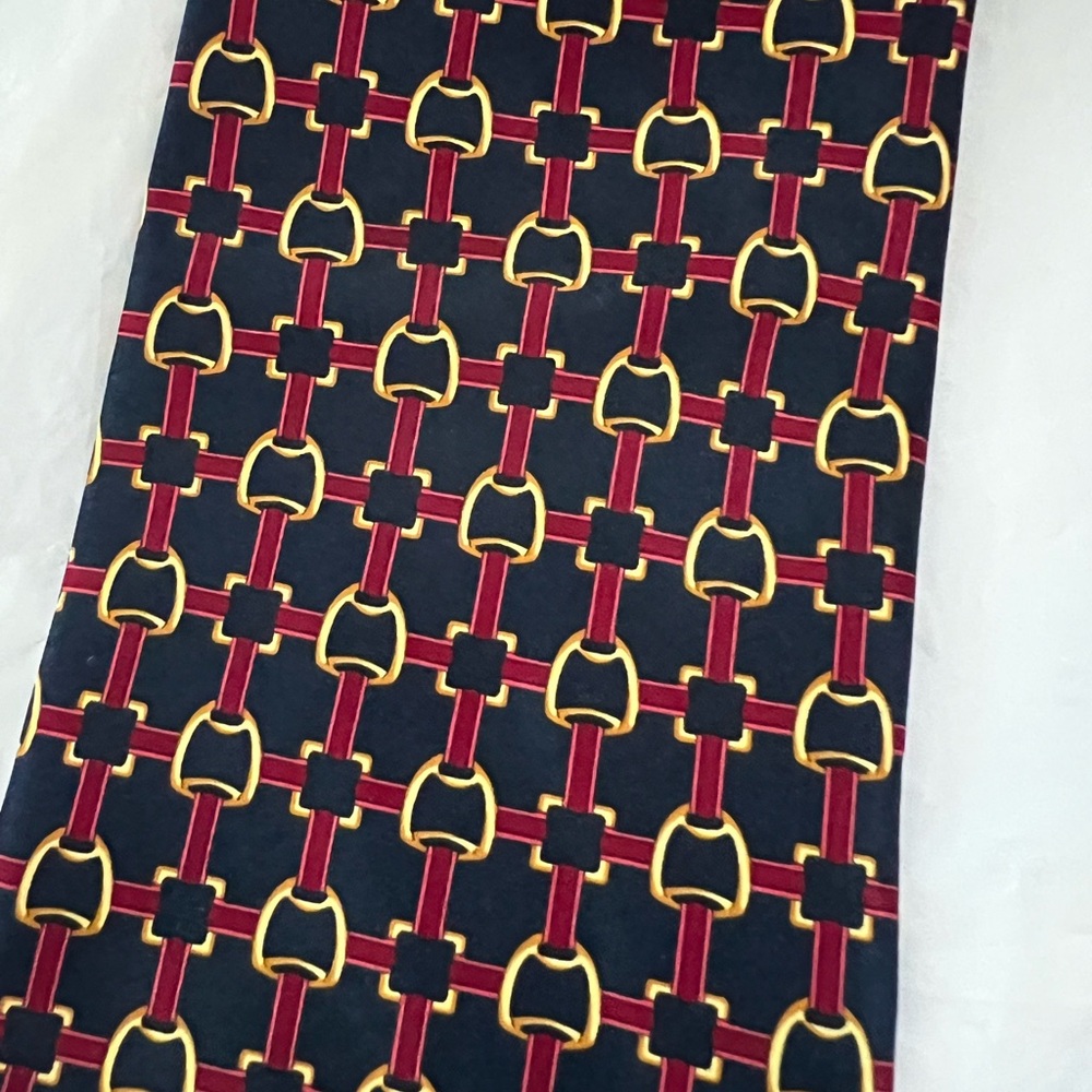 Tie Rack Luca Frantini 59”x4” Navy Blue Silk Tie with Red/Yellow Pattern Italy